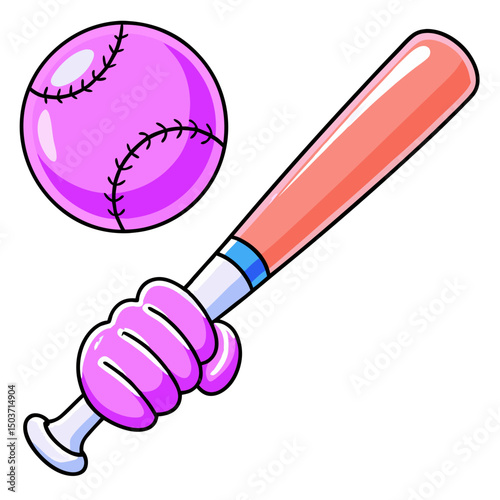A hand holding a bat with a baseball. Use for sports, games, or recreation themes.