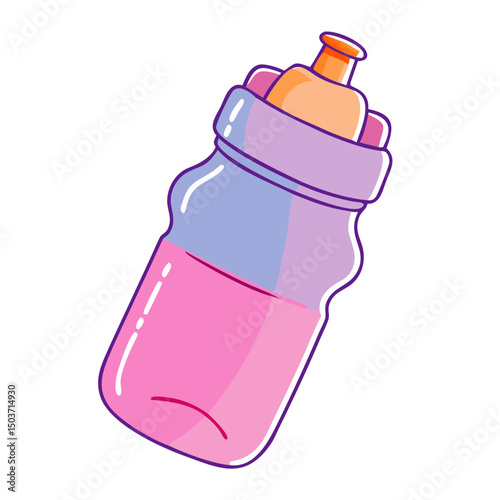 A baby bottle with pink liquid, a purple ring, and an orange nipple. Useful for parenting, baby care, or feeding-related websites and blogs.