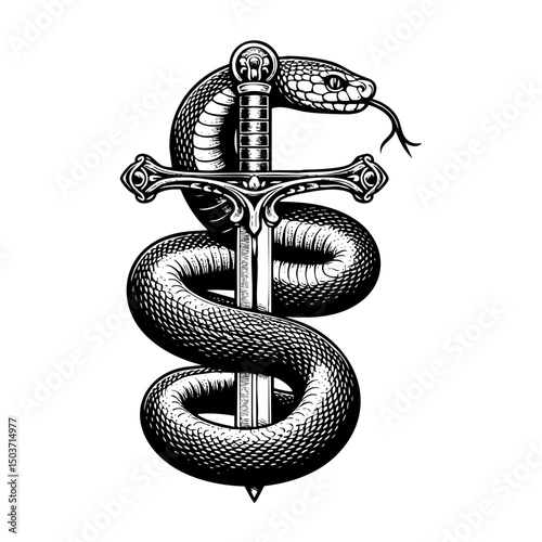 Sword wrapped with snake engraving black and white outline. Scratch board imitation.  illustrated in vintage line art style on a white background.