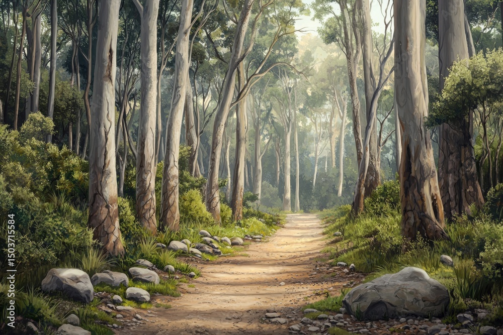 Obraz premium Forest Trail Through Sun-Dappled Redwood Trees