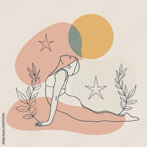 Modern continuous line art of a pregnant woman practicing yoga – perfect for maternity wellness campaigns, prenatal self-care artwork, yoga studio branding, birth preparation visuals, and calm decor

