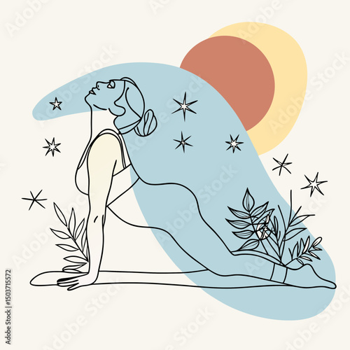Graceful continuous line art of a pregnant woman doing yoga – minimalist one line illustration ideal for maternity wellness designs, prenatal prints, relaxation posters, and health-focused branding

