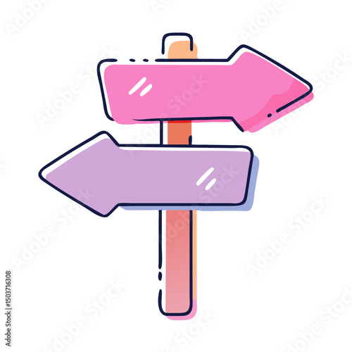 A colorful line art illustration of a signpost with arrows pointing in opposite directions. Useful for decision-making blogs or direction-related websites.