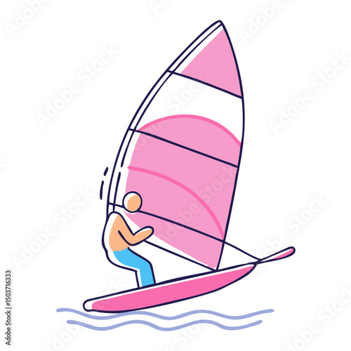 A stylized person windsurfing on water, a vector illustration. Use for watersports blogs, vacation websites, or design elements.