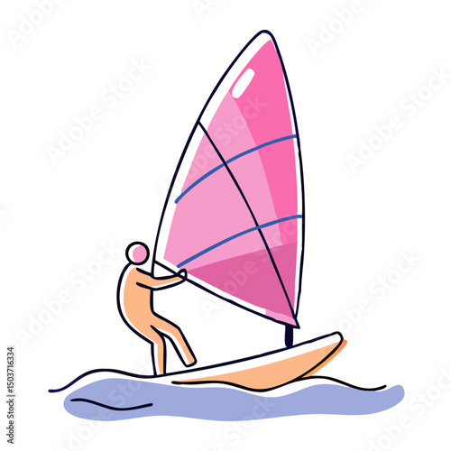 A stylized person windsurfing on water, a vector illustration. Use for watersports blogs, vacation websites, or design elements.