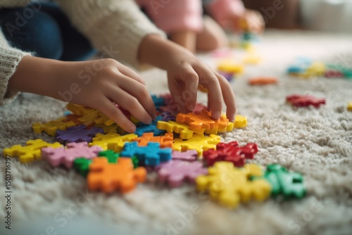 Children playing with colorful puzzle pieces indoors