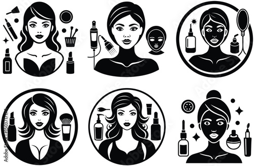 Beauty Icons: A stylish collection of six striking beauty icons, each within a circular frame, showcasing women and cosmetic items. perfect for beauty and skincare branding needs.