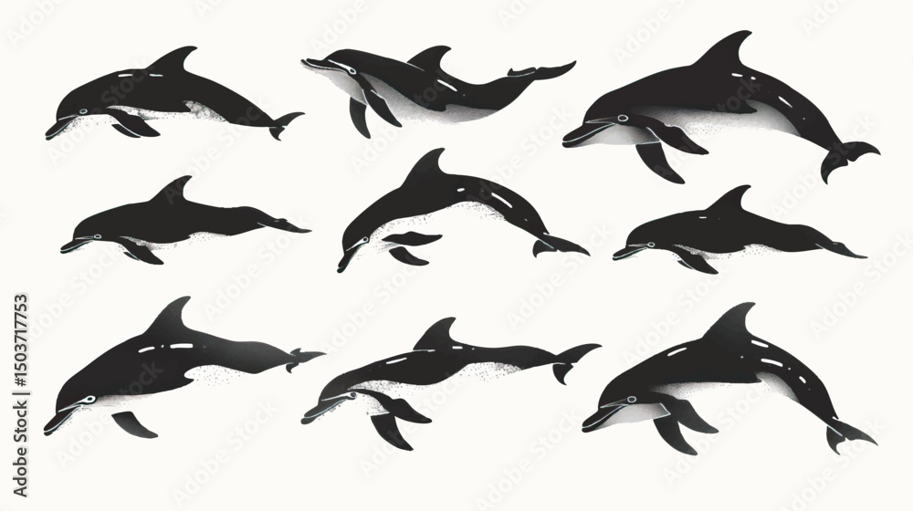 Obraz premium hand drawn silhouette of dolphin , black silhouettes isolated on white background