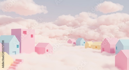 Dreamlike Pastel Village Floating Among Fluffy Clouds Illustration