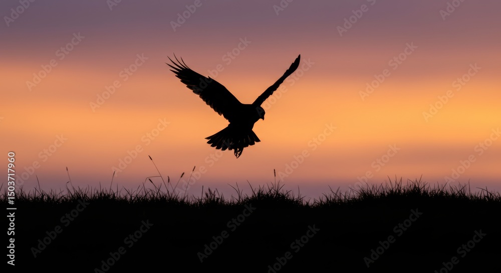 Fototapeta premium Silhouette of a majestic bird flying over a grassy field during sunset