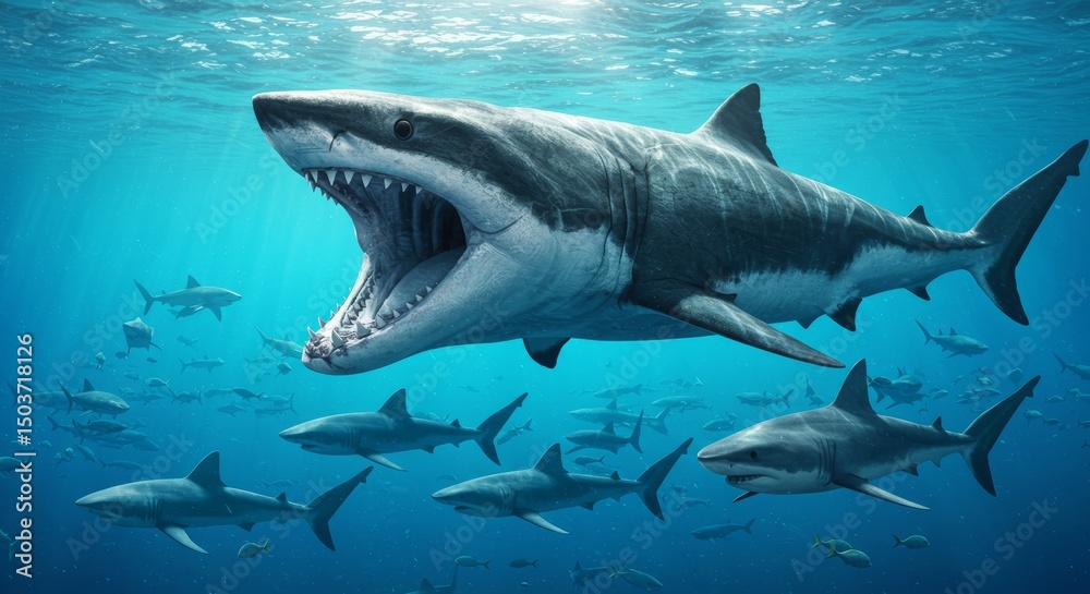 Naklejka premium Underwater encounter with a colossal megalodon surrounded by smaller sharks