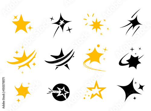 Sparkling and shiny star vector icon set. Decoration comic symbol. Black and yellow star icon. Stars in modern simple flat style.
