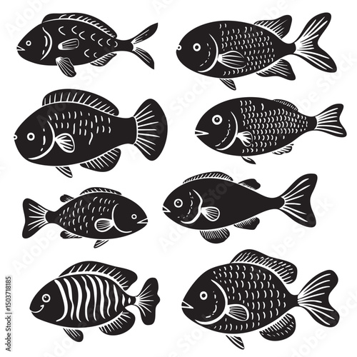 hand drawn silhouette of fish , black silhouettes isolated on white background
