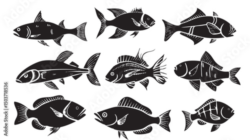 hand drawn silhouette of fish , black silhouettes isolated on white background