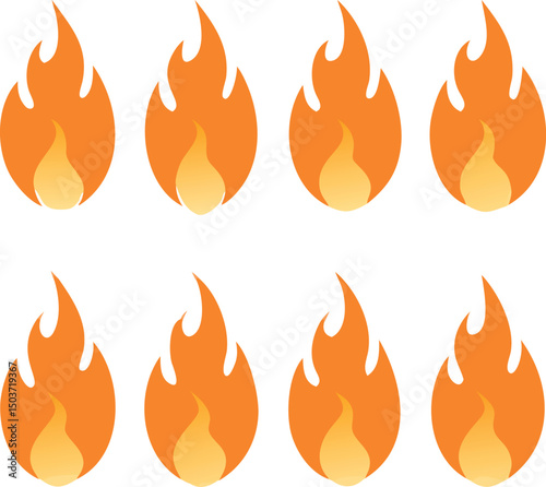 Eight Cartoon Flames in Two Rows on a White Background Representing Heat Energy Passion and Warmth in a Simple and Playful Style