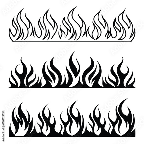 Set of Three Flame Border Designs in Black and White for Creative Projects and Graphic Design Elements