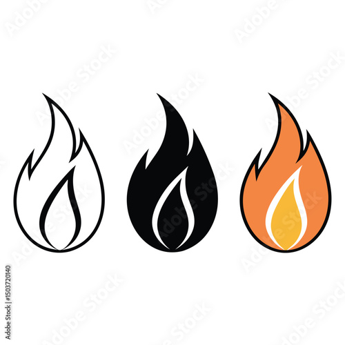 Three Fire Flames in Different Styles Outline Silhouette and Color Isolated on White Background Vector Illustration