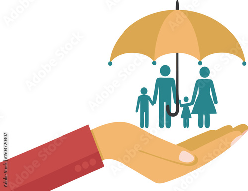 Hand holding an umbrella over a family illustration, symbolizing protection and care.