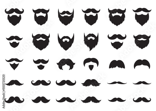 Vector Illustration of Men's Beards and Mustaches in Black and White