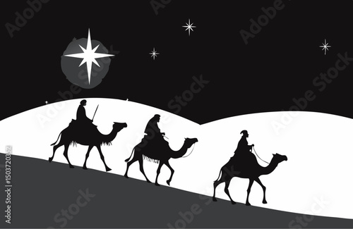Silhouetted figures on camels traveling through a starry night landscape.