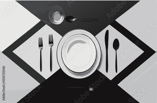 Elegant black and white dining setup with cutlery and a plate.
