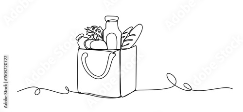 Continuous one line drawing of fresh food on paper grocery bag. Grocery paper bag in single line draw illustration. Editable stroke.