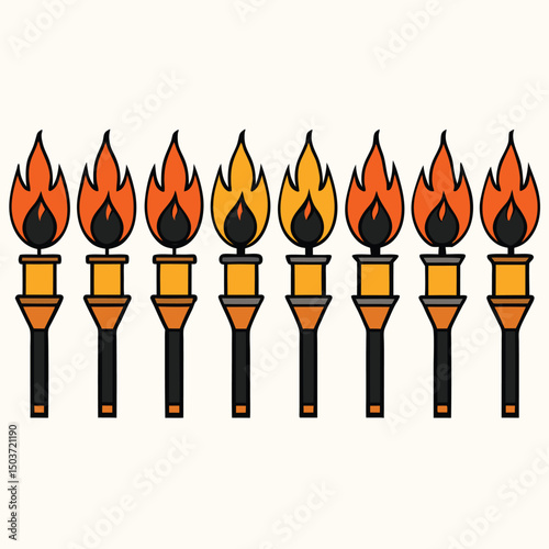 Row of Graphic Torches with Flames in Varying Colors Representing Sports Competition or a Symbolic Light Isolated on White