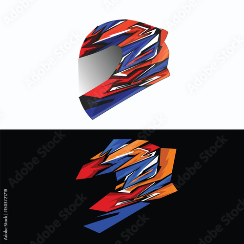 Modern graphic sticker design for motorcycle helmets featuring sharp abstract patterns and vibrant colors such as red, blue, orange, and white. Perfect for sportbike decals, racing helmets, or motocro