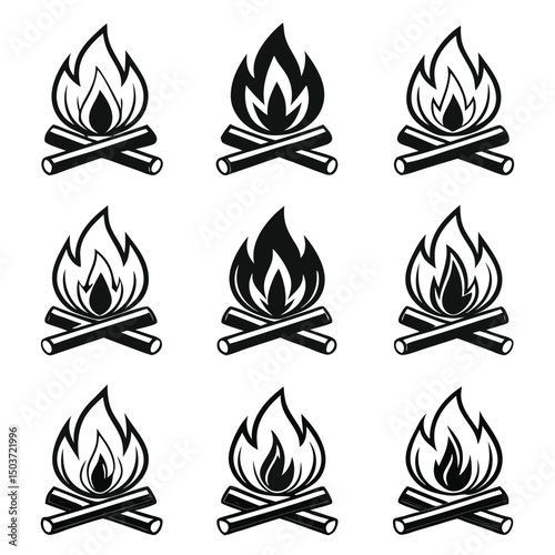 Collection of Campfire Icons with Wood Logs in Black and White Style Perfect for Camping Outdoor or Adventure Related Designs