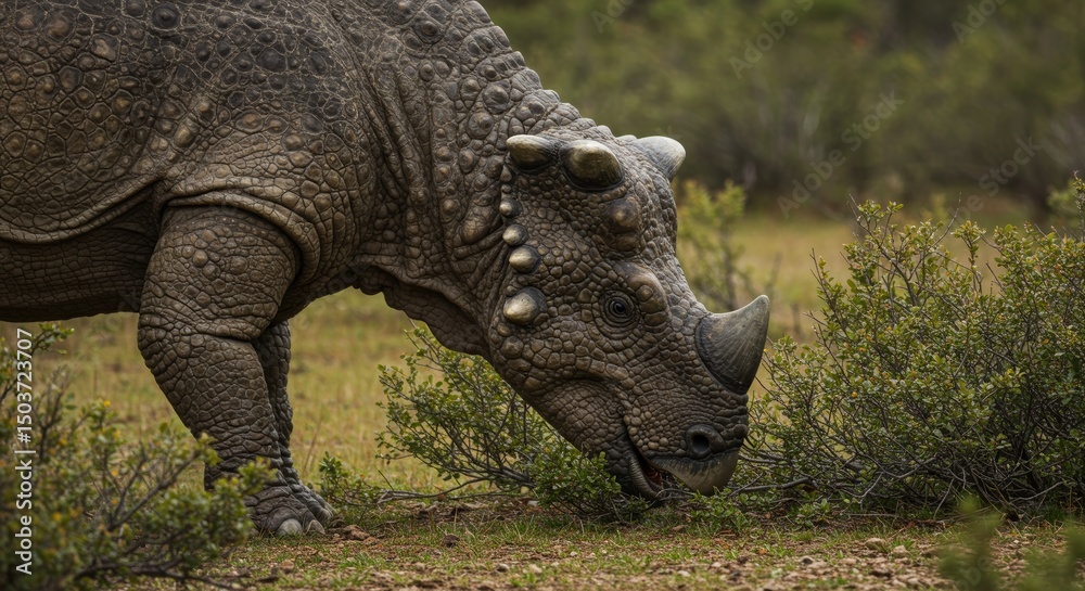 Fototapeta premium Realistic depiction of a grazing pachyrhinosaurus in its natural habitat