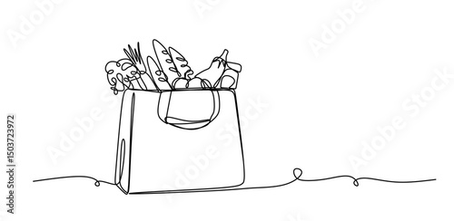 Continuous one line drawing of fresh food on paper grocery bag. Grocery paper bag in single line draw illustration. Editable stroke.