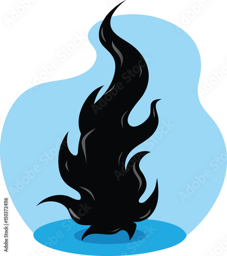 Stylized Black Flame with Blue Background and Base Cartoonish Design Symbolizing Oil Spill Environmental Disaster or Dark Energy Isolated on White