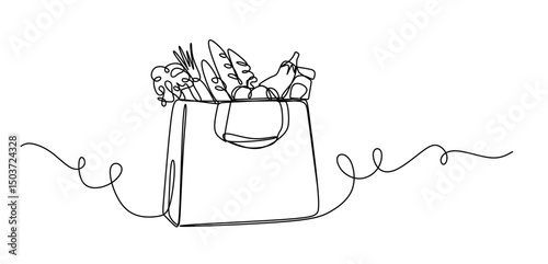 Continuous one line drawing of fresh food on paper grocery bag. Grocery paper bag in single line draw illustration. Editable stroke.