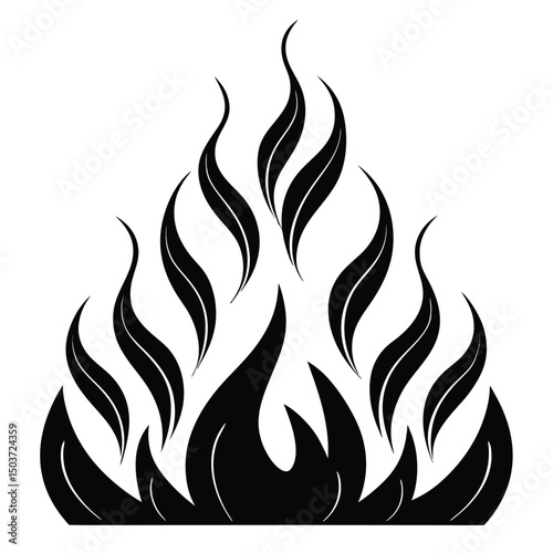 Stylized Black and White Fire Illustration with Abstract Flames and Decorative Elements on a White Background Graphic Design