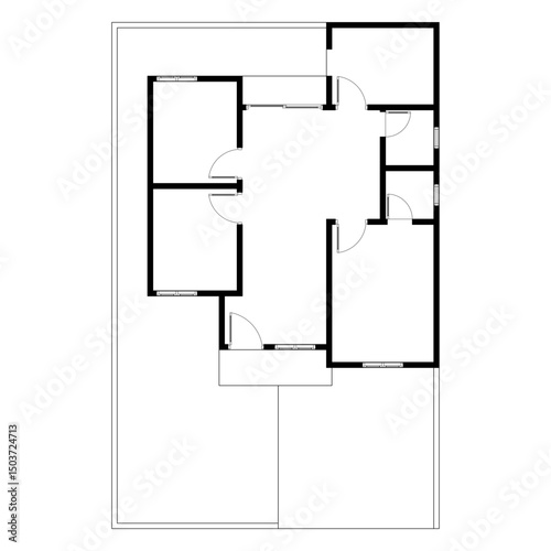 Black and White floor plan of a modern unfurnished house for your design. Suburban house vector blueprint. Architectural background