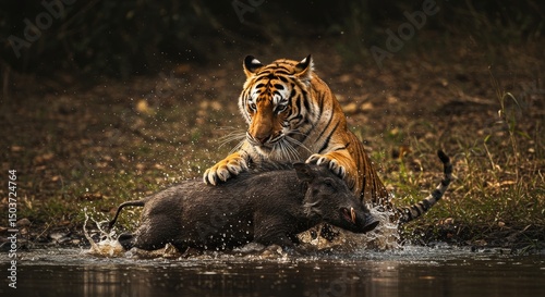 Intense tiger hunt, Bengal tiger capturing prey in a dramatic water scene