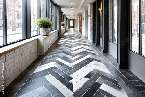 Contemporary corridor with herringbone pattern, large windows illuminating clean lines and modern design, showcasing architectural elegance and urban interior style