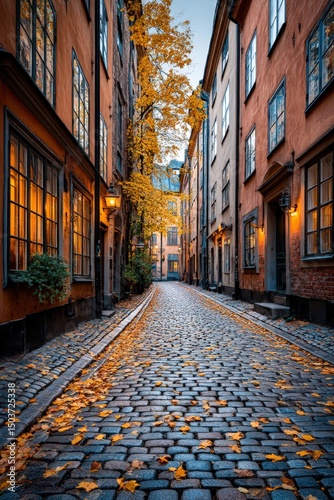 Charming historic cobblestone street lined with quaint buildings, adorned with autumn leaves; an enchanting urban scene capturing timeless beauty.