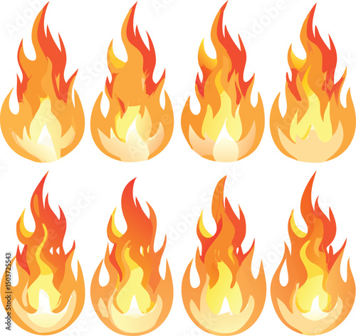 Set of Eight Cartoon Flames with Orange and Yellow Colors on a White Background for Use in Graphic Design Projects