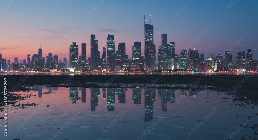 Fototapeta premium Reflections of Urban Splendor, A Nightscape of Modern City Architecture