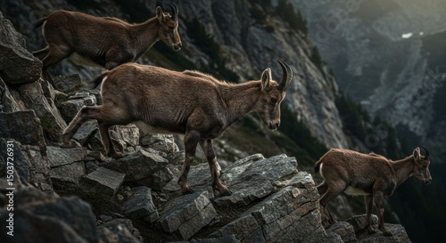 Alpine Ibex navigating rugged terrain amidst the mountains splendor photo