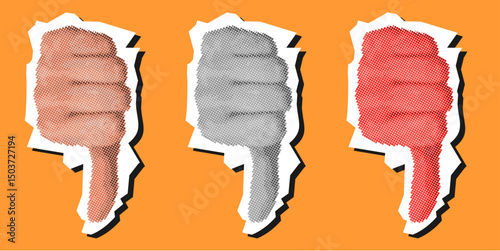 Thumbs down dotted collage pointilize in torn paper for disapproval, negative rating, or rejection. Ideal for warning posters, complaint visuals, or unhappy feedback graphics.