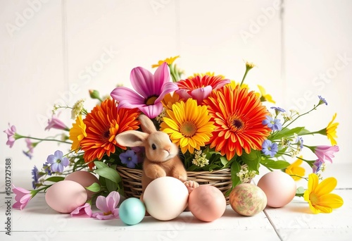 Rustic white background, vibrant spring flowers, eggs, bunny, pastel tones, springtime still life, white, spring arrangement
