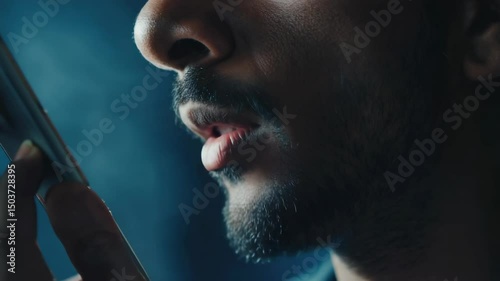 Closeup of Man Making Fraudulent Phone Call with Serious Expression
