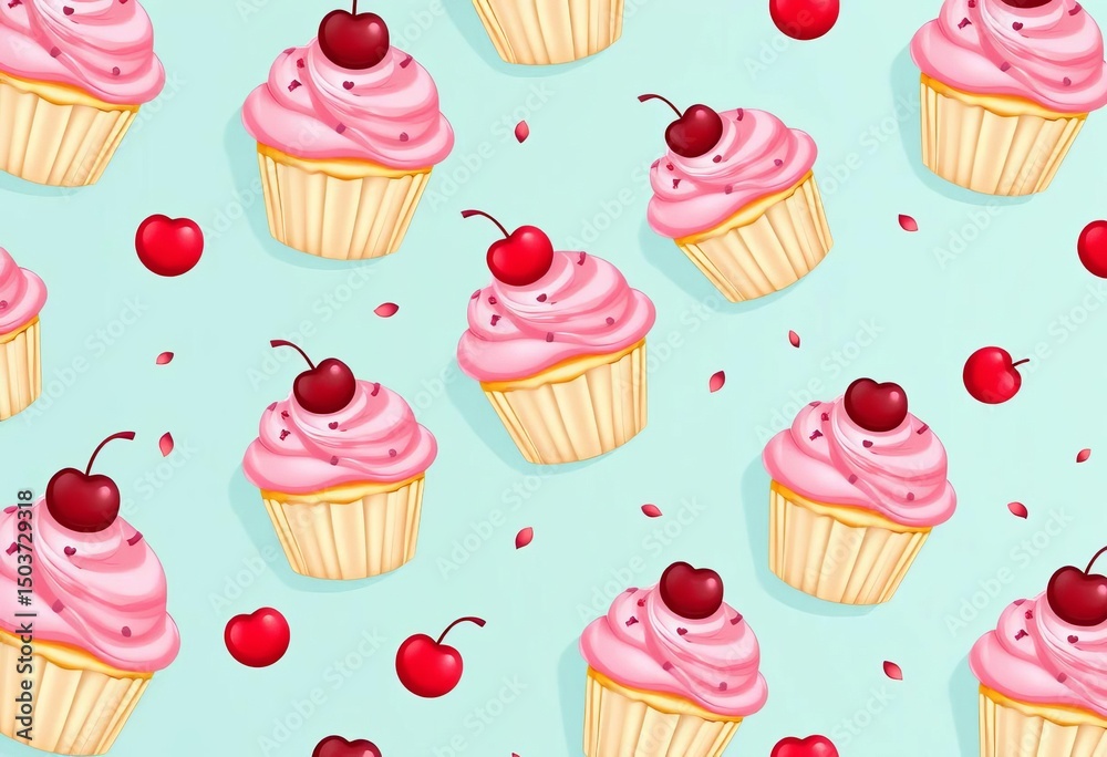Seamless vector pattern of cartoon vanilla cupcakes with pink frosting, chocolate cherries, and sprinkles, sweetness, bakery Seamless vector pattern of cartoon vanilla cupcakes with pink frosting, chocolate cherries, and sprinkles, sweetness, bakery