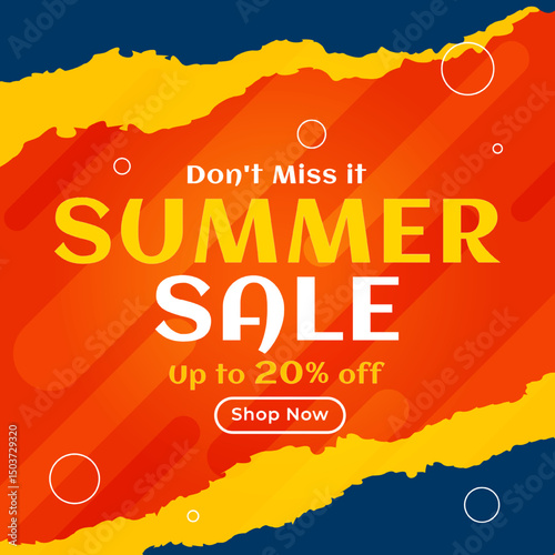 Summer Sale Poster for online ads with up to 20% off. Illustration. Don't Miss it. Vector. Shop Now. 20% Discount. Summer Sale.