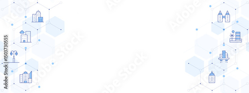 City Banner Vector Illustration with Two-sided Icon Style. Line Duotone icon. Containing. city, buildings, lamppost, skyscrapper, building, skyscraper