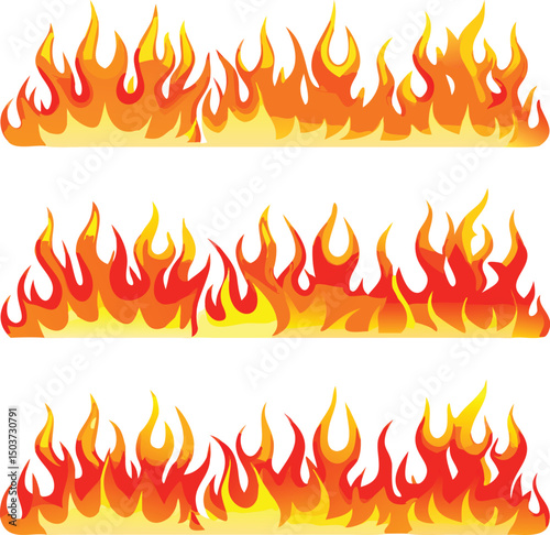 Three Rows of Cartoon Flames in Orange and Yellow Colors on a White Background for Design Elements and Decoration