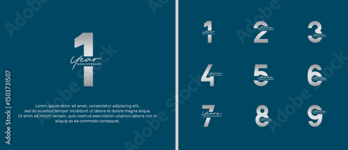set of anniversary logo flat silver color on blue background for celebration moment