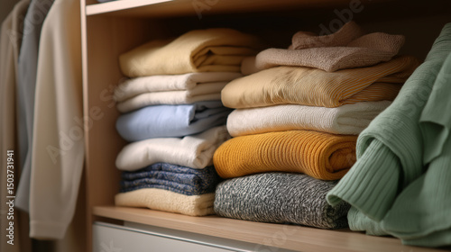 Neatly folded sweaters and clothes stacked on wooden shelves inside a wardrobe.  
 photo